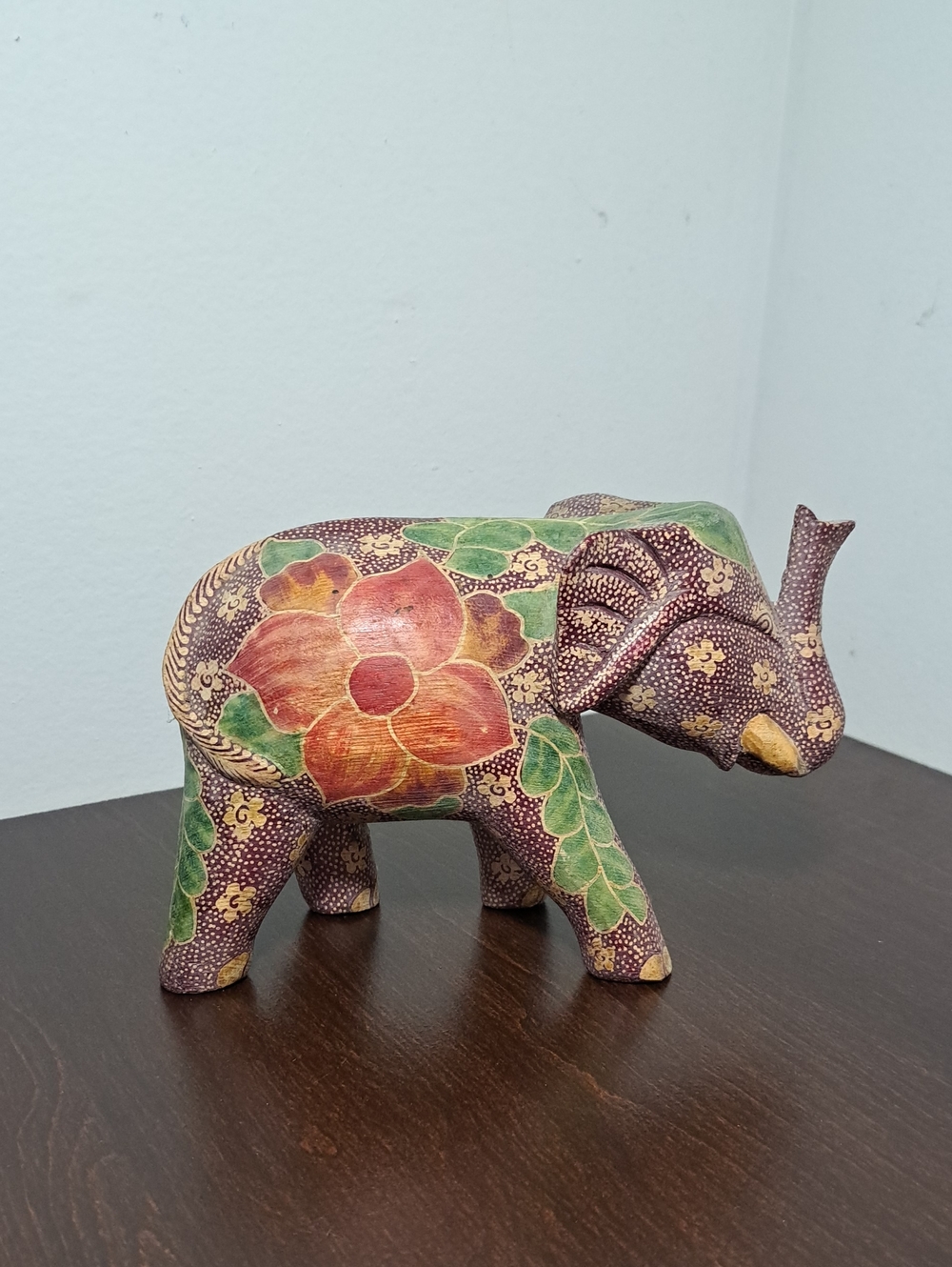 Hand-Painted Floral Elephant Sculpture - Green & Red